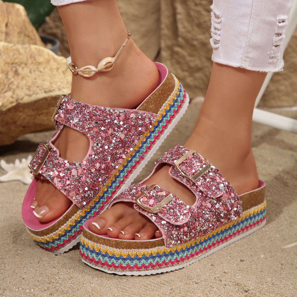 Damen Glitzernde Plateau-Sandalen mit Doppelschnalle und mehrfarbigem Boden EB