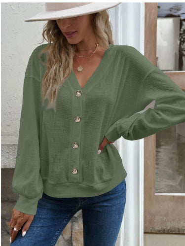 Damen Komfortabler Strickpullover mit V-Ausschnitt und Knopfleiste EB