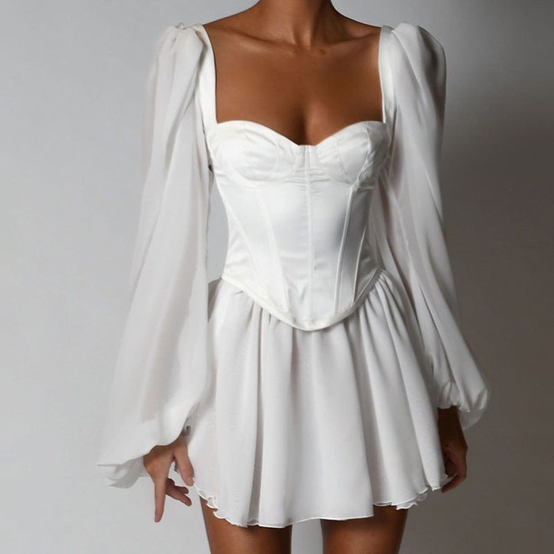 Damen Verspieltes Minikleid mit elegantem Bustier-Oberteil und voluminösen Ärmeln EB