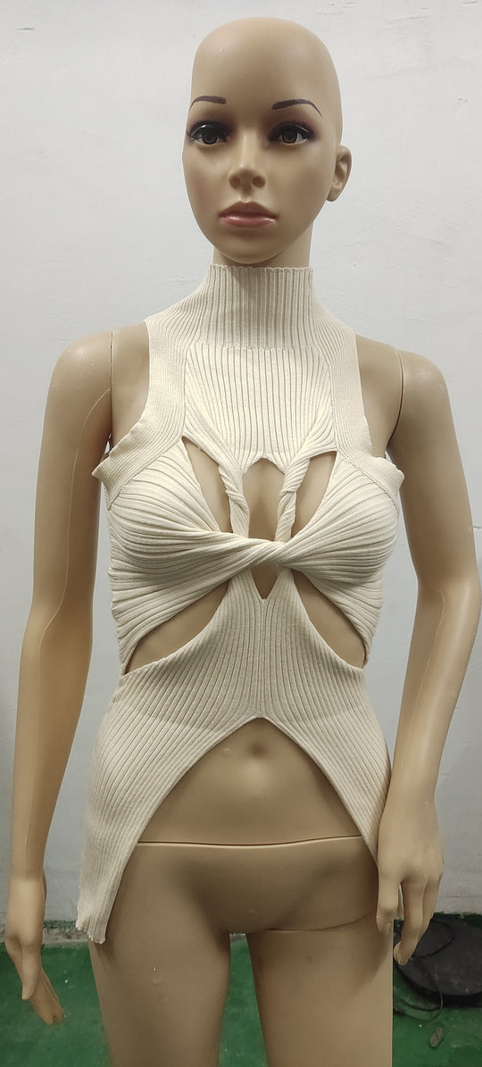 Damen figurbetontes Cut-Out Top mit hohem Kragen EB