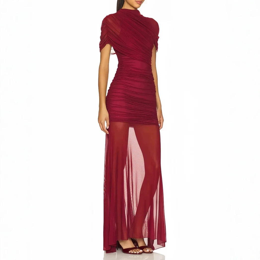 Damen Elegantes Cocktailkleid mit gerafftem Design und transparenter Schicht EB