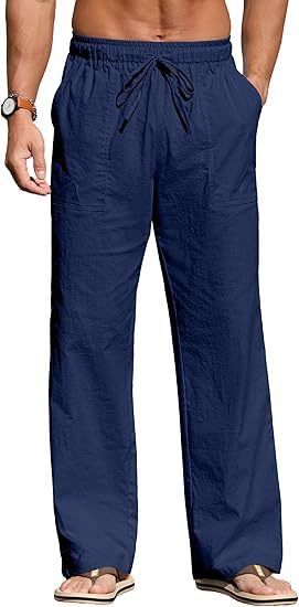 Herren nan leichte Leinenhose mit elastischem Bund, Kordelzug und aufgesetzten Taschen EB