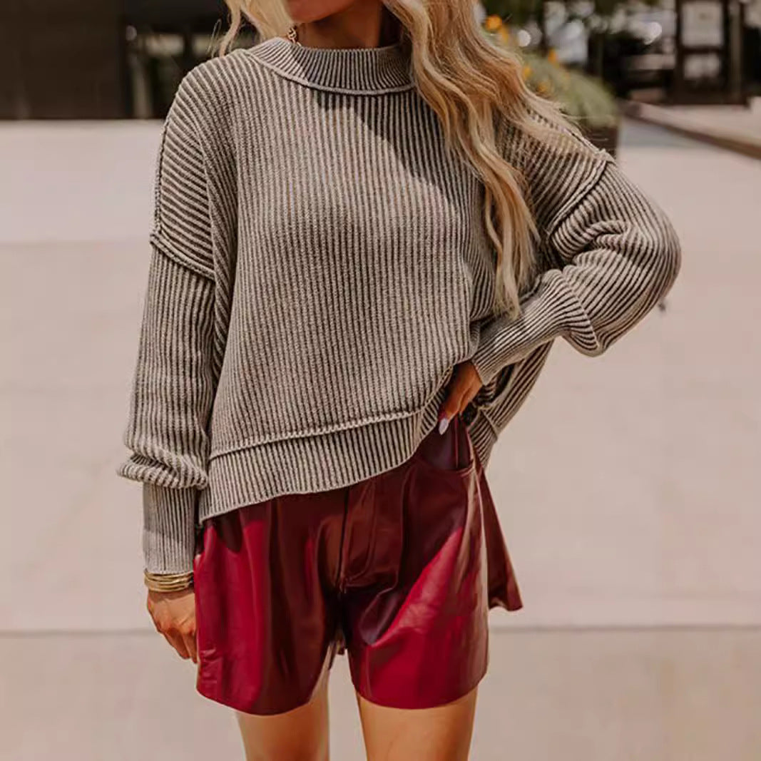 Damen lässiger Strickpullover mit strukturiertem Rippdesign EB