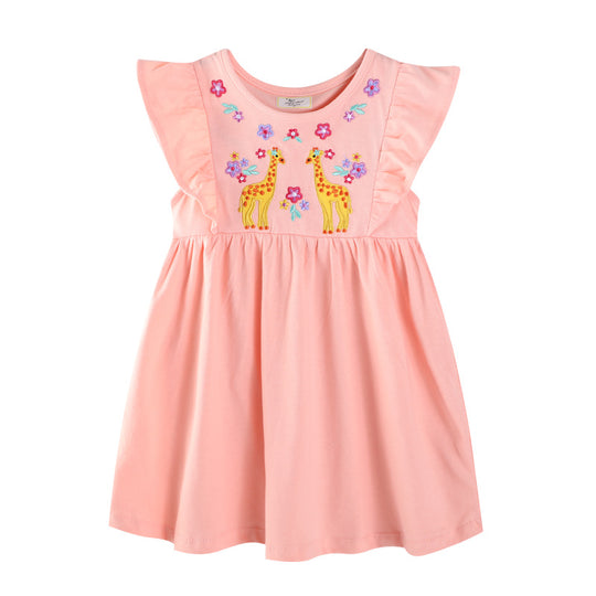Mädchen Baumwollkleid mit bezaubernden Giraffen-Stickereien EB
