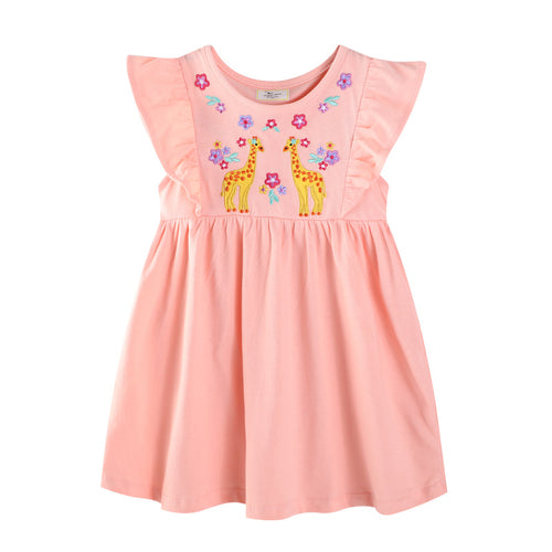 Mädchen Baumwollkleid mit bezaubernden Giraffen-Stickereien EB