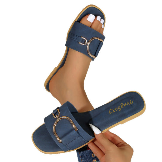 Damen elegante Slide-Pantoletten mit dekorativem Metall-Detail EB