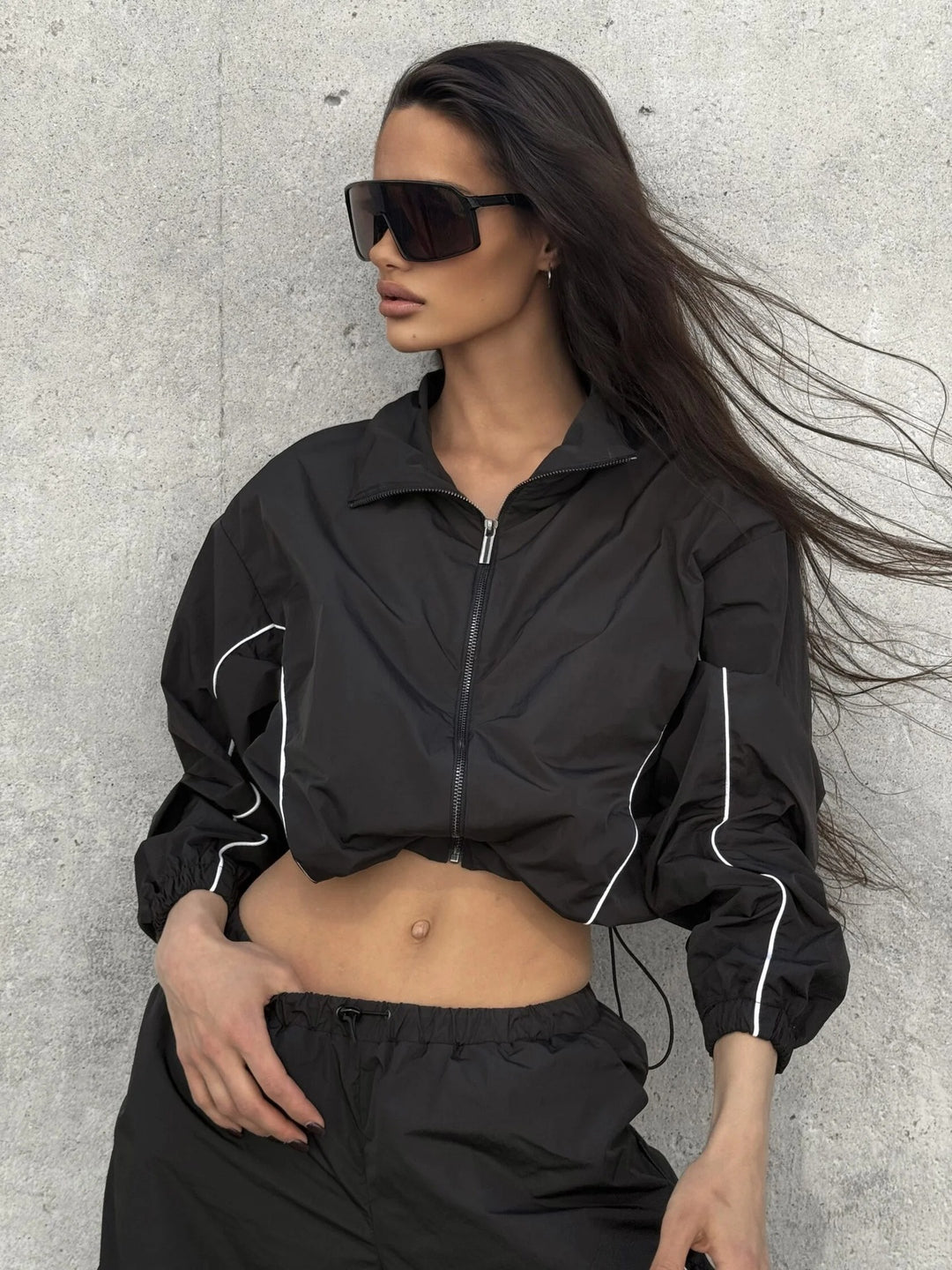 Damen Kurz geschnittene Windbreaker Jacke mit halbem Reißverschluss, Tunnelzug und elastischen Bündchen EB