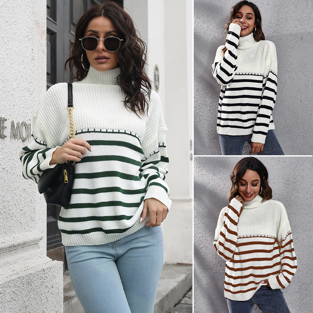 Damen Komfortabler Rollkragenpullover mit modernem Streifenmuster EB