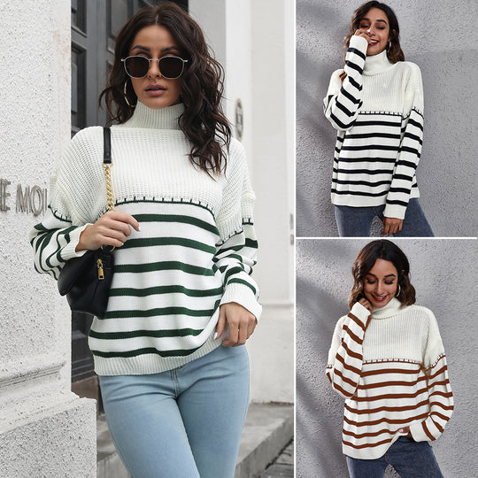 Damen Komfortabler Rollkragenpullover mit modernem Streifenmuster EB
