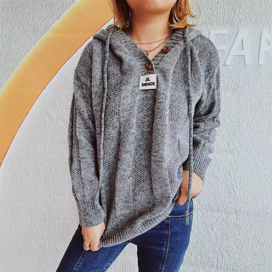 Damen lockerer Strickpullover mit Kapuze und dekorativen Knöpfen EB