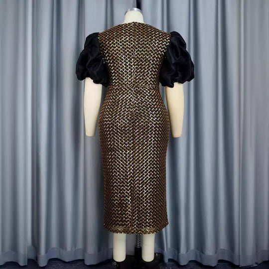 Damen Abendkleid mit strukturiertem Oberteil und voluminösen Puffärmeln EB