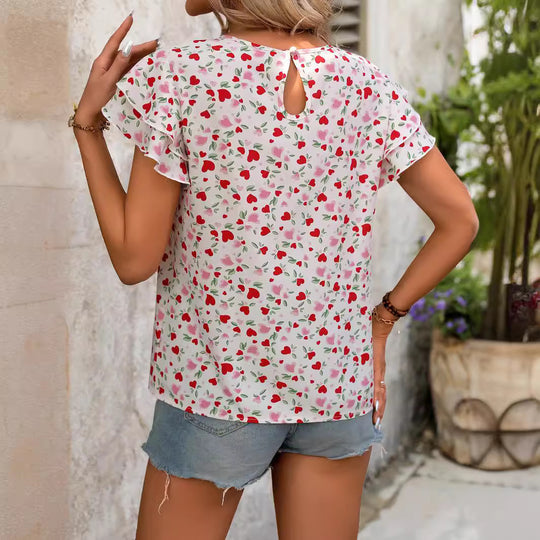 Damen modische Bluse mit Rüschendetails und Herzmuster EB