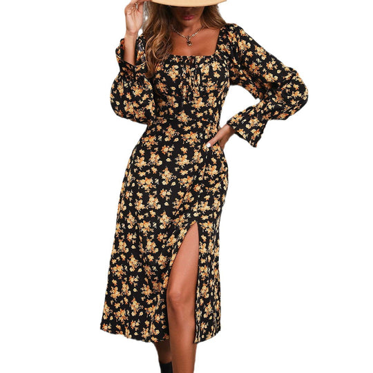 Damen Blütenmuster Maxikleid mit verstellbarem Ausschnitt EB