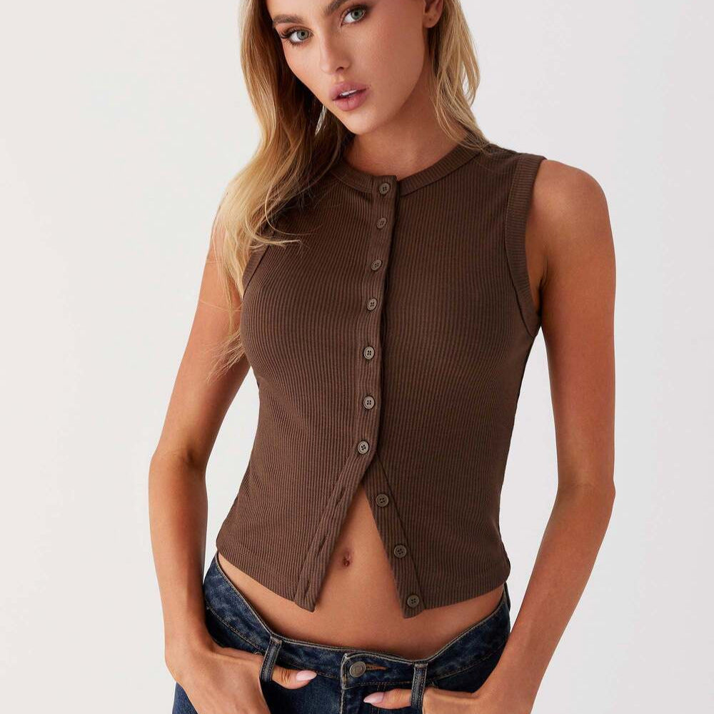 Damen ärmelloses Knopfschalenshirt aus Rippenstoff mit modernem Schnitt EB