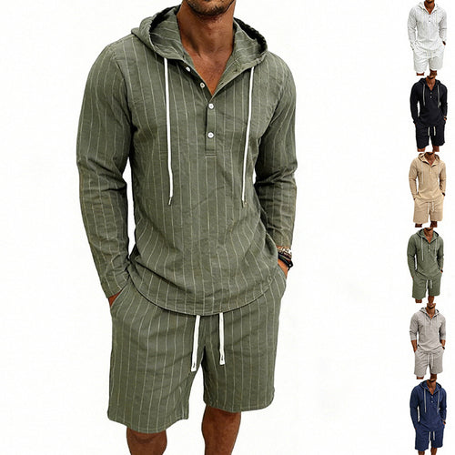 Herren nan gestreiftes Leinenoptik-Kapuzen-Henley-Set mit Tunnelzug-Shorts EB