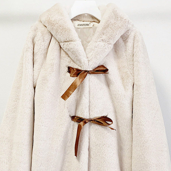 Damen Kuschelige Kunstpelzjacke mit Kapuze und Schleifendetails EB