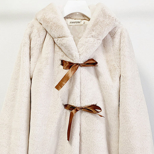 Damen Kuschelige Kunstpelzjacke mit Kapuze und Schleifendetails EB