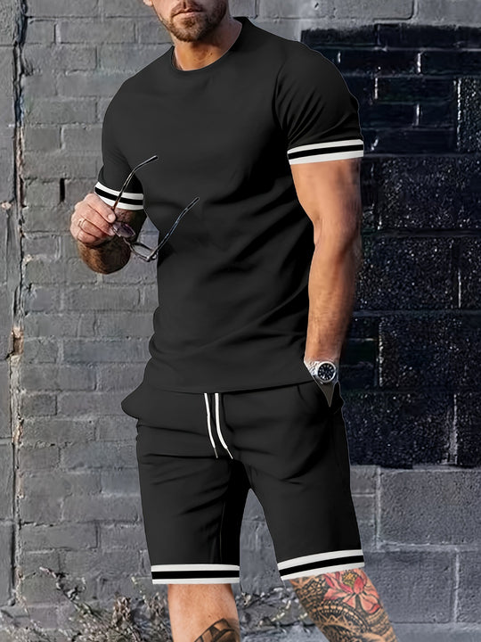 Herren nan sportliches Lounge-Set aus hochwertiger Baumwollmischung mit körpernahem Kurzarmshirt und Kordel-Shorts mit kontrastierenden Bündchen EB