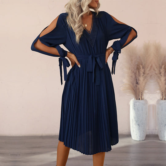 Damen elegantes Wickelkleid mit plissierten Details und Ärmelöffnungen EB
