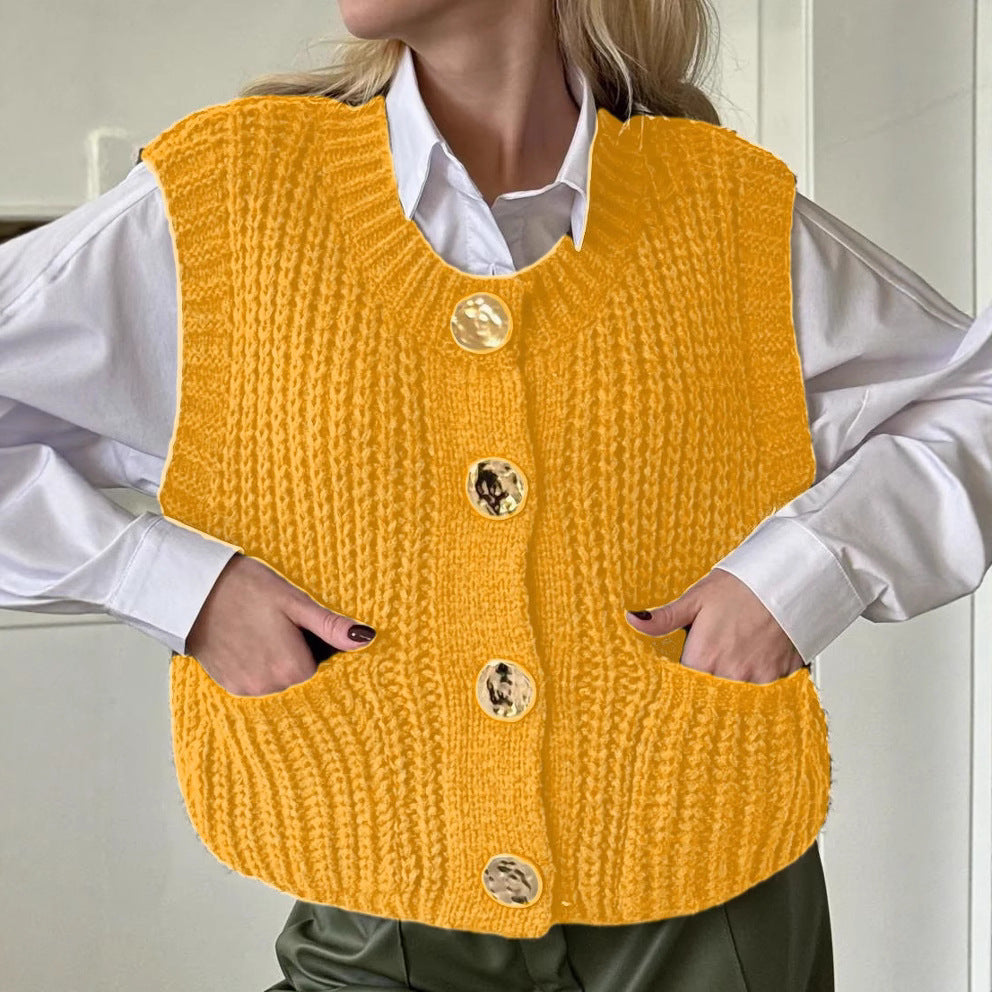 Damen gemütliche Strickweste mit großen Knöpfen und praktischen Taschen EB