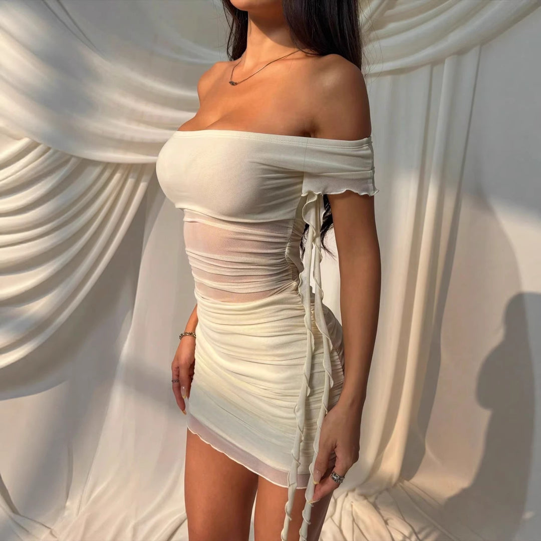 Damen Off-Shoulder Minikleid mit raffinierten Drapierungsdetails und verspielten Schnürungen EB