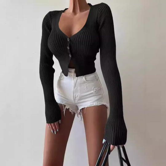 Damen Strick-Cardigan mit tiefem V-Ausschnitt und Knopfverschluss EB