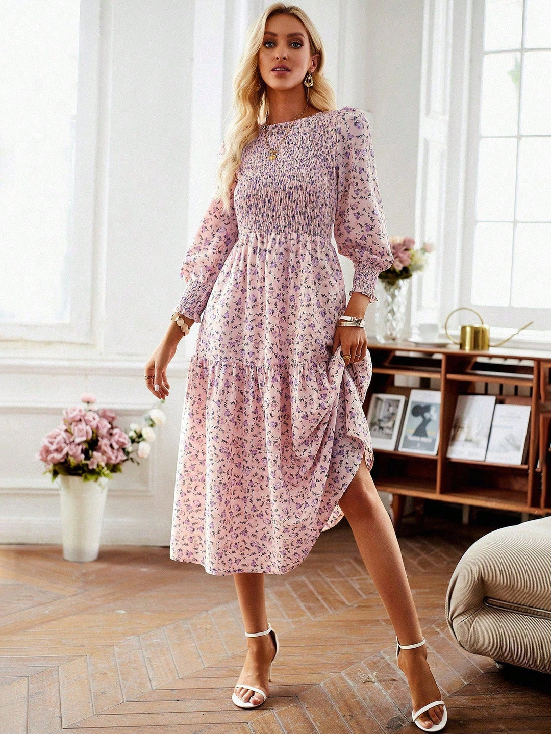 Damen Florales Midi-Kleid mit Geraffter Taille und Langen Ärmeln EB