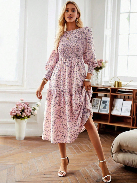Damen Florales Midi-Kleid mit Geraffter Taille und Langen Ärmeln EB