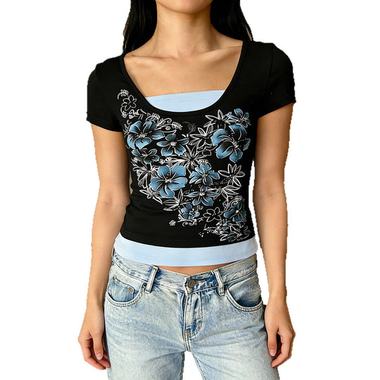 Damen T-Shirt mit floralem Druck und figurbetonendem Schnitt EB