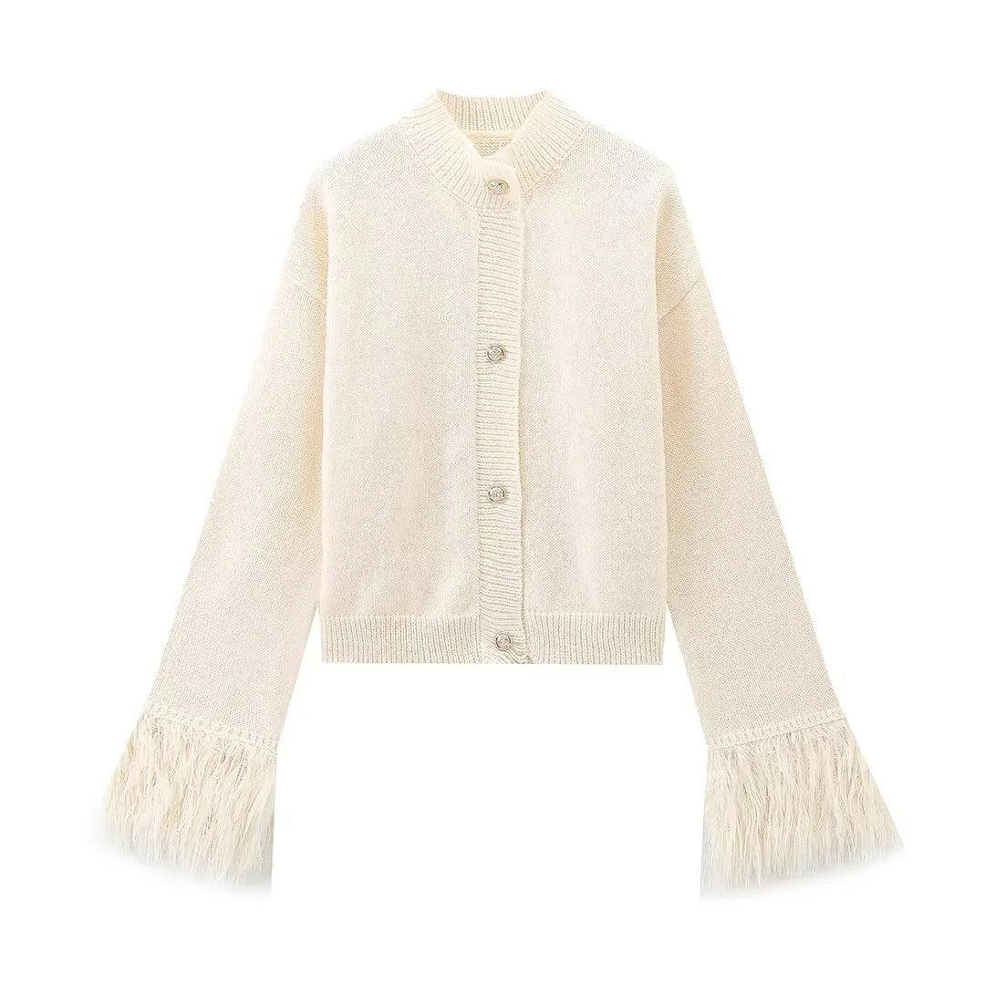Damen lässige Strickjacke mit dekorativen Fransen und hochwertigen Knöpfen EB