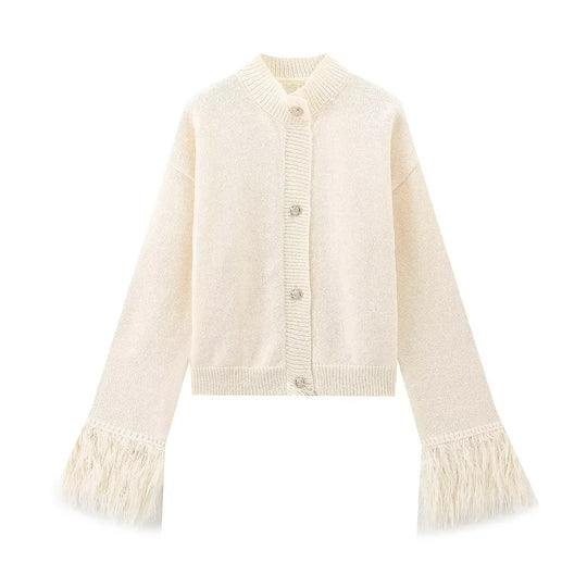 Damen lässige Strickjacke mit dekorativen Fransen und hochwertigen Knöpfen EB