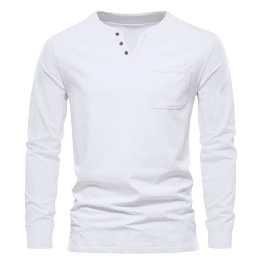 Herren nan modernes Henley-Langarmshirt mit asymmetrischer Knopfleiste und Brusttasche EB