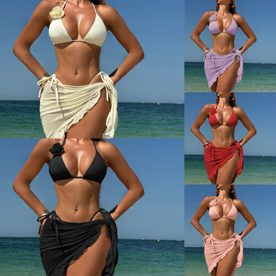 Damen Triangel-Bikini mit verführerischem Wickelrock und Blumenapplikation EB