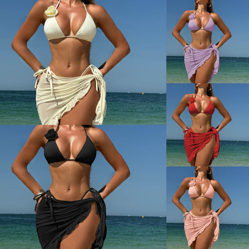 Damen Triangel-Bikini mit verführerischem Wickelrock und Blumenapplikation EB