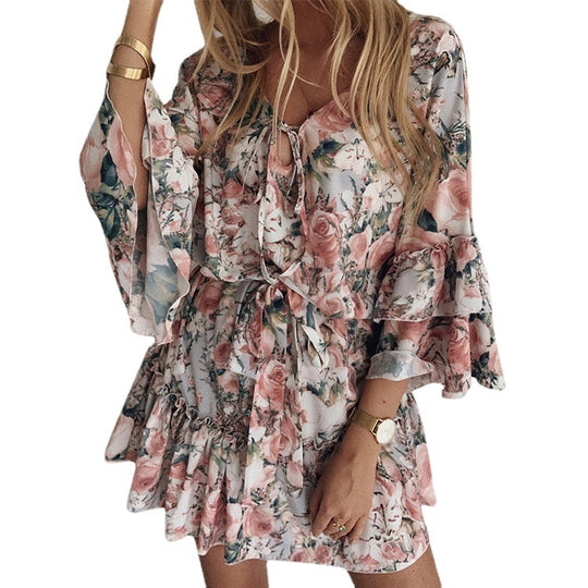 Damen Sommerkleid mit romantischem Blumenmuster und schwingendem Saum EB