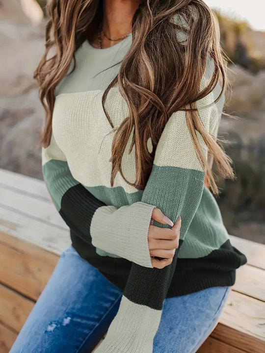 Damen modischer Strickpullover mit modernem Streifen-Design und langen Ärmeln EB