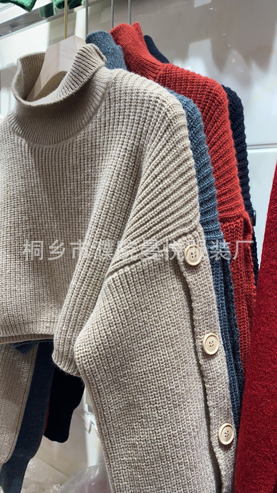 Damen Kurzgeschnittener Rollkragen-Bolero-Überwurf mit langen Ärmelknöpfen EB