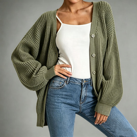Damen Oversize Grobstrick-Cardigan mit Ballonärmeln und Knopfleiste EB