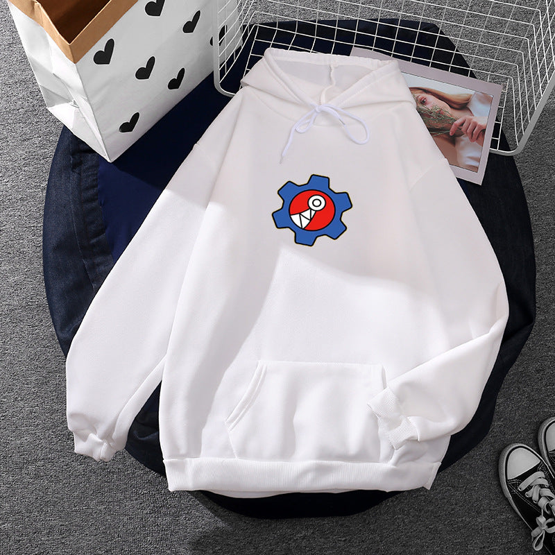 Damen nan oversized Fleece-Kapuzenpullover mit weicher Innenseite, Kängurutasche und appliziertem Zahnrad-Comic-Motiv EB
