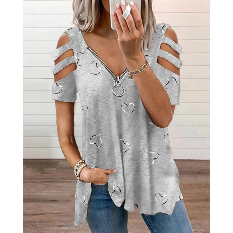 Damen V-Ausschnitt T-Shirt mit Cut-Outs und Herzdesign EB