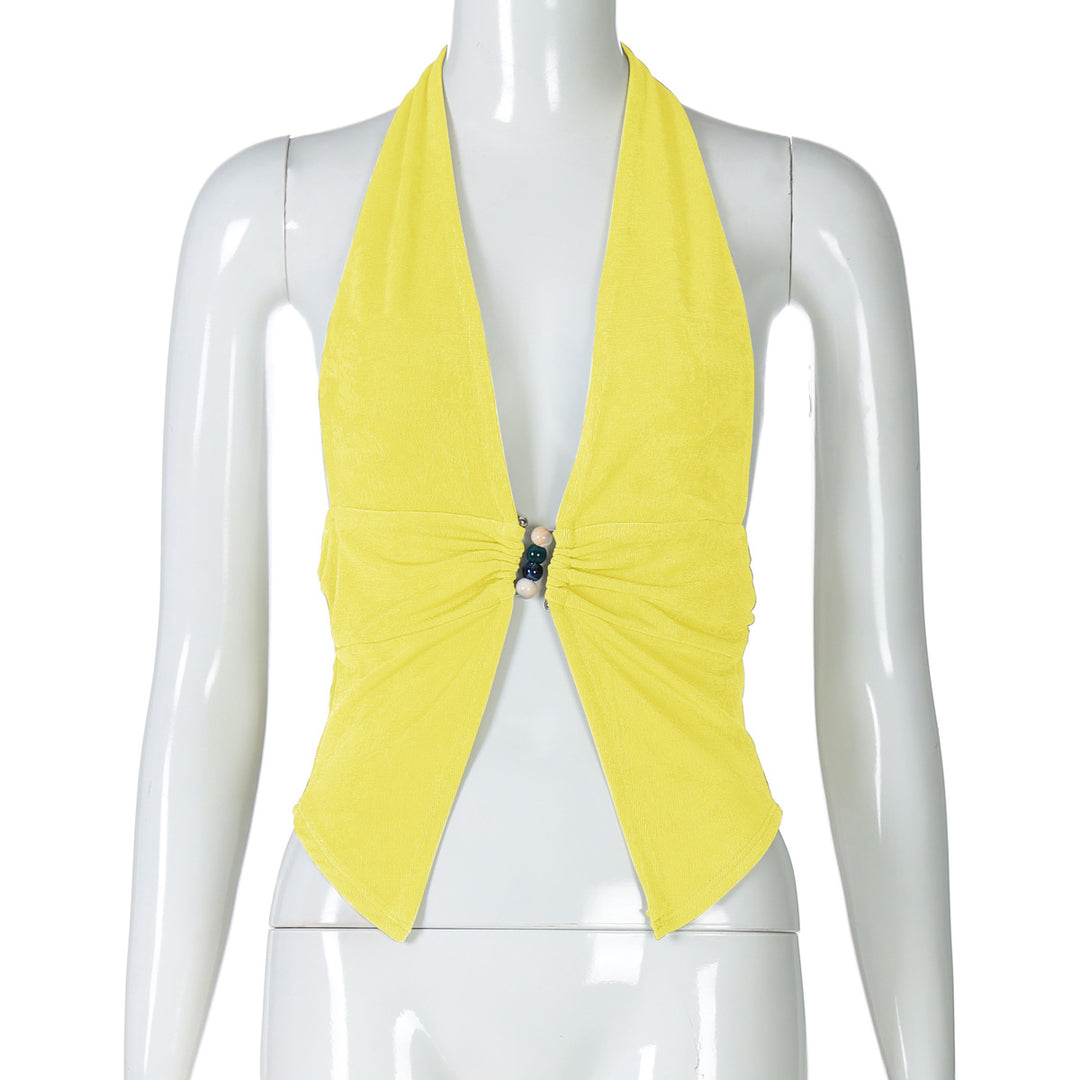 Damen Haltertop mit eleganter Raffung und dekorativen Perlen EB
