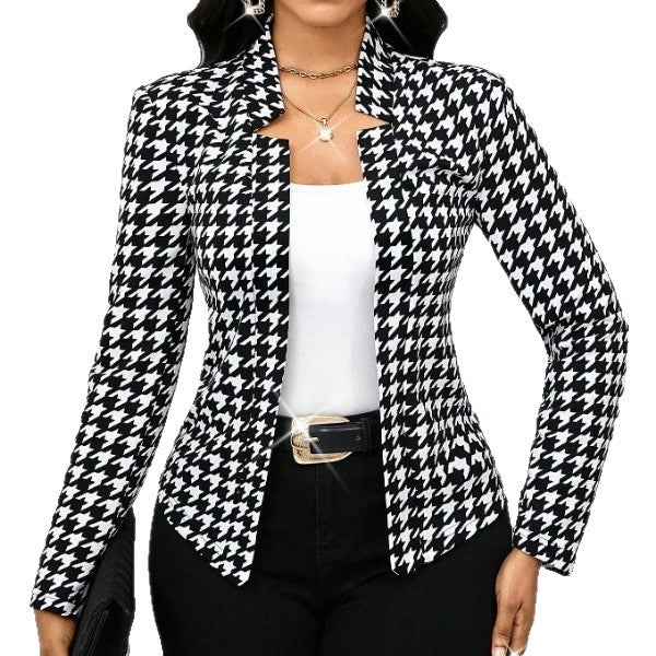 Damen elegante Blazerjacke mit Hahnentrittmuster und tailliertem Schnitt EB