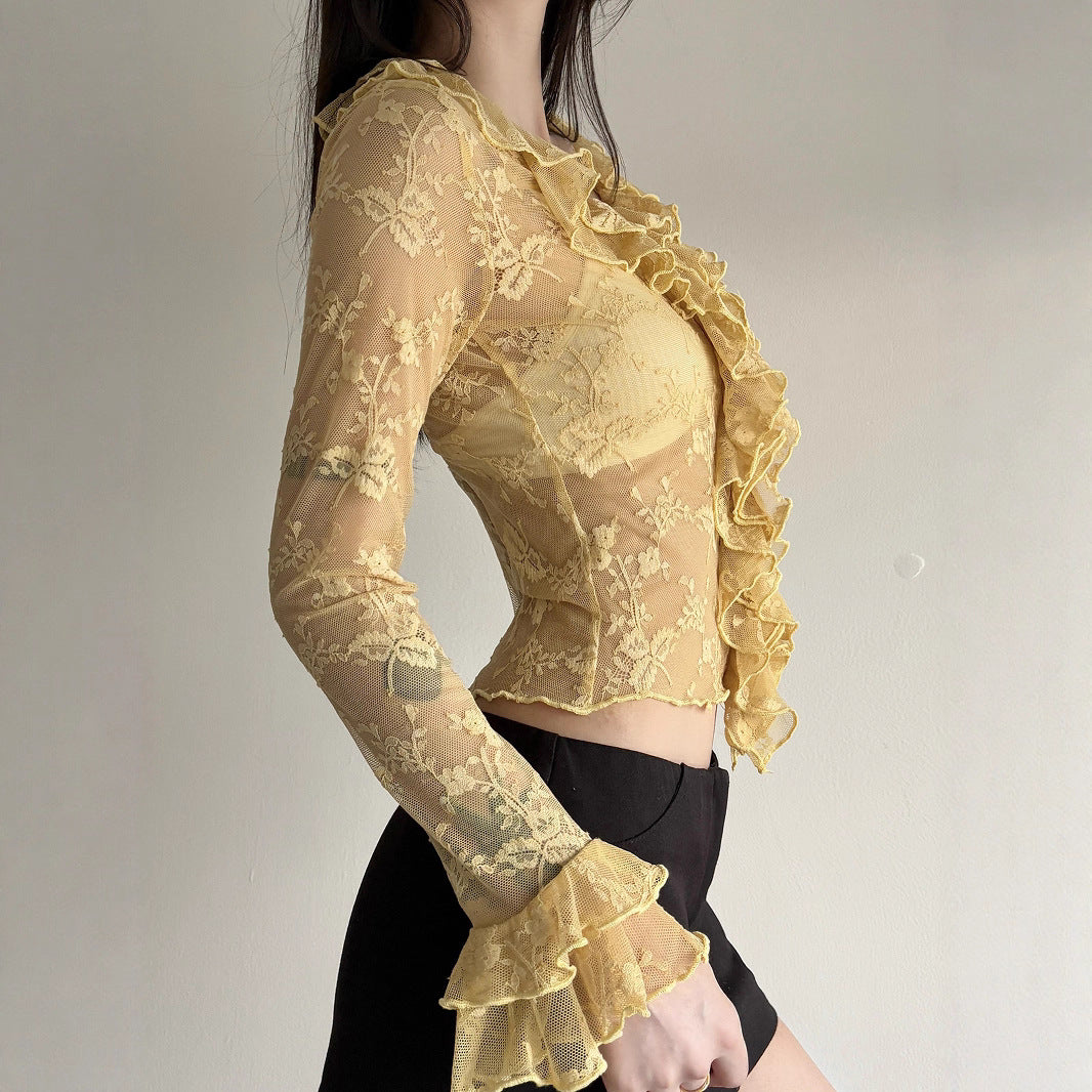 Damen Elegant verziertes Langarmoberteil aus Spitze mit Rüschen EB