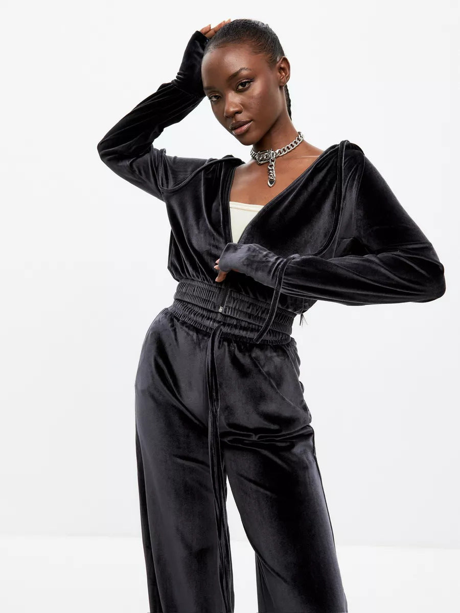 Damen Velours-Cropped-Hoodie und High-Waist Palazzo-Jogginghose Set EB