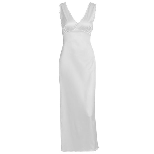 Damen elegantes Satin-Nachtkleid mit tiefem V-Ausschnitt und breiten Trägern EB