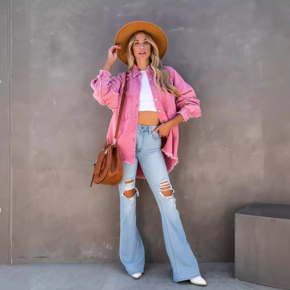 Damen Lässige und stylische Jeansbluse mit Fransen EB