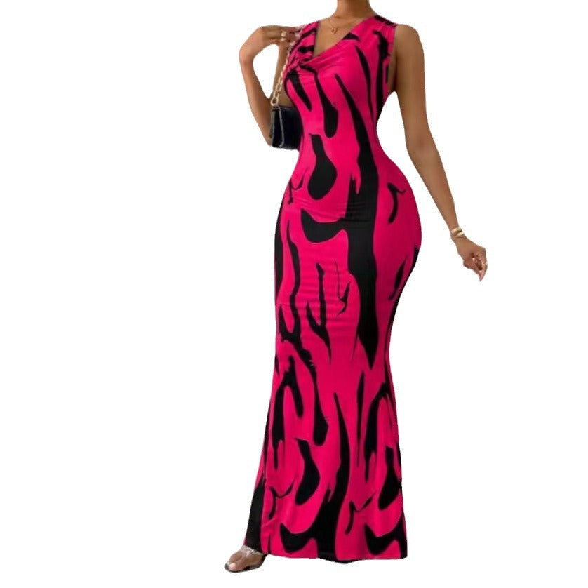 Damen elegantes Maxikleid mit figurbetontem Schnitt und trendigem Muster EB