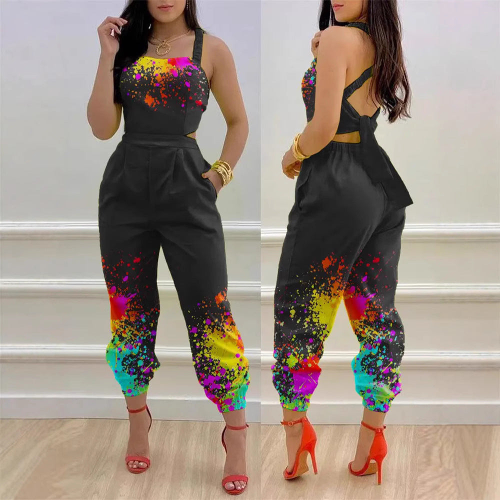 Damen modisches Jumpsuit mit floralem Design und tiefem Rückenausschnitt EB