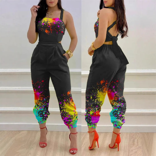 Damen modisches Jumpsuit mit floralem Design und tiefem Rückenausschnitt EB