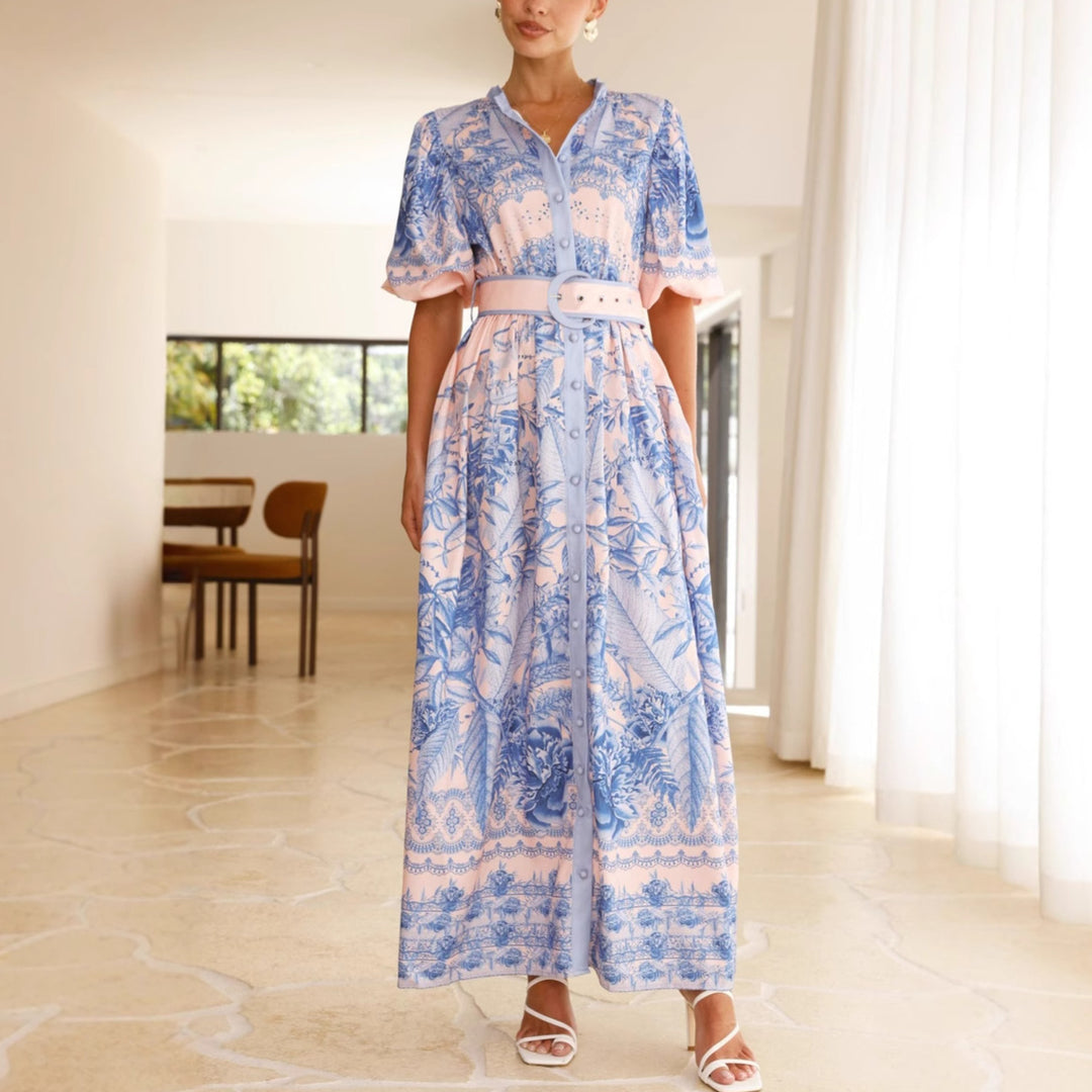 Damen Maxikleid mit floralem Knopfleisten-Design und tailliertem Gürtel EB